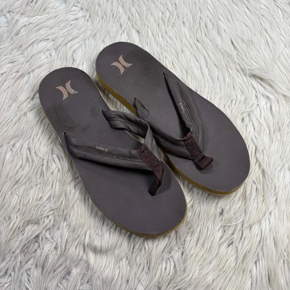 NWOB Hurley Men's 10 Brown Faux Leather Lunar Flip Flop Sandals Beach Surfer